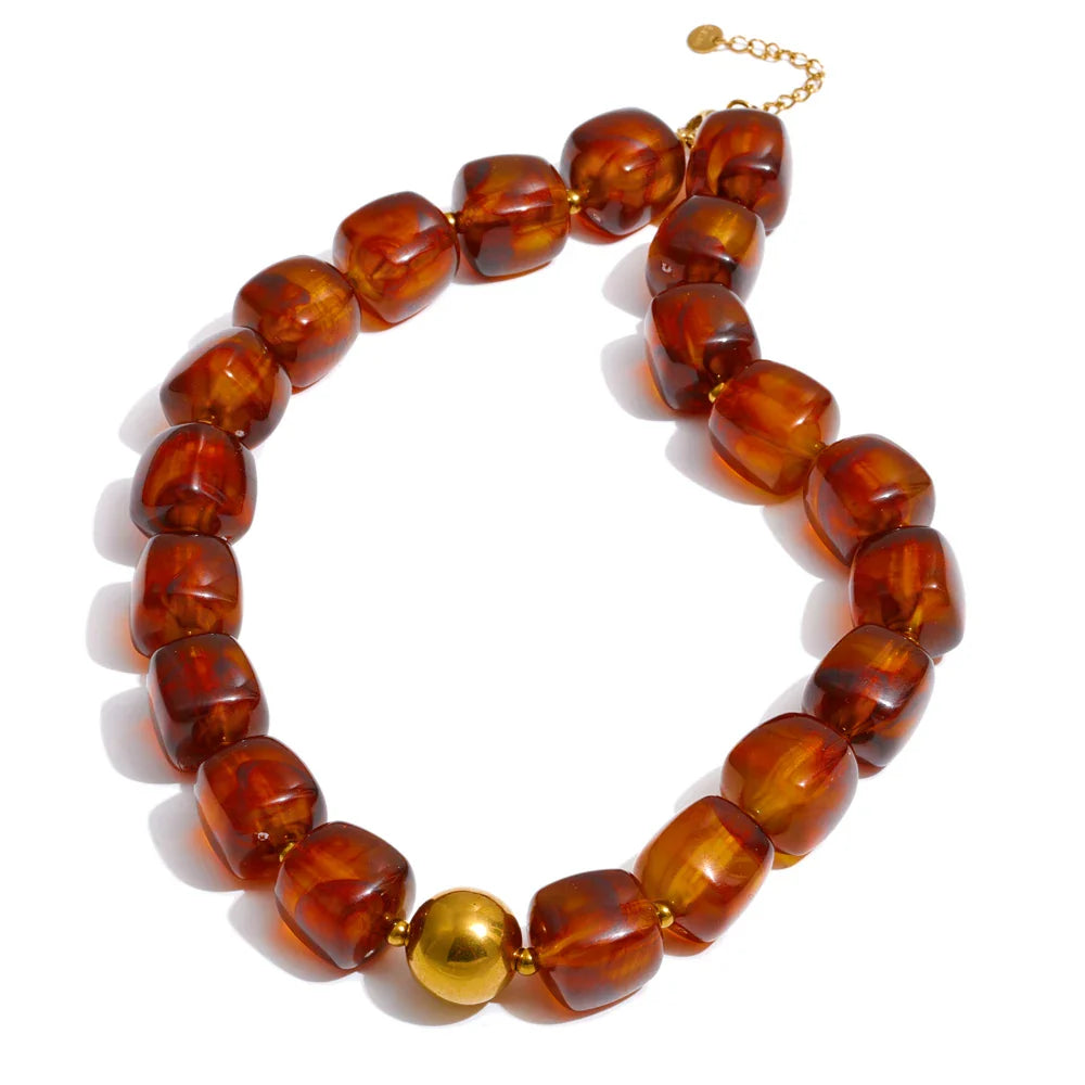 Yhpup Acrylic Square Beads Chain Necklace Bracelet Bangle Stainless Steel Handmade Jewelry Waterproof Green Khaki Pink Amber