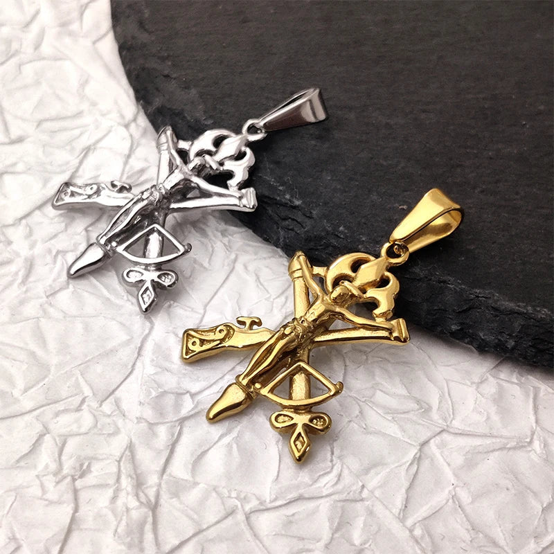 Men's Jesus Cross Necklace 18K Gold Plated Stainless Steel Christian Gun Arrow Pendant Religious Jewelry Gift