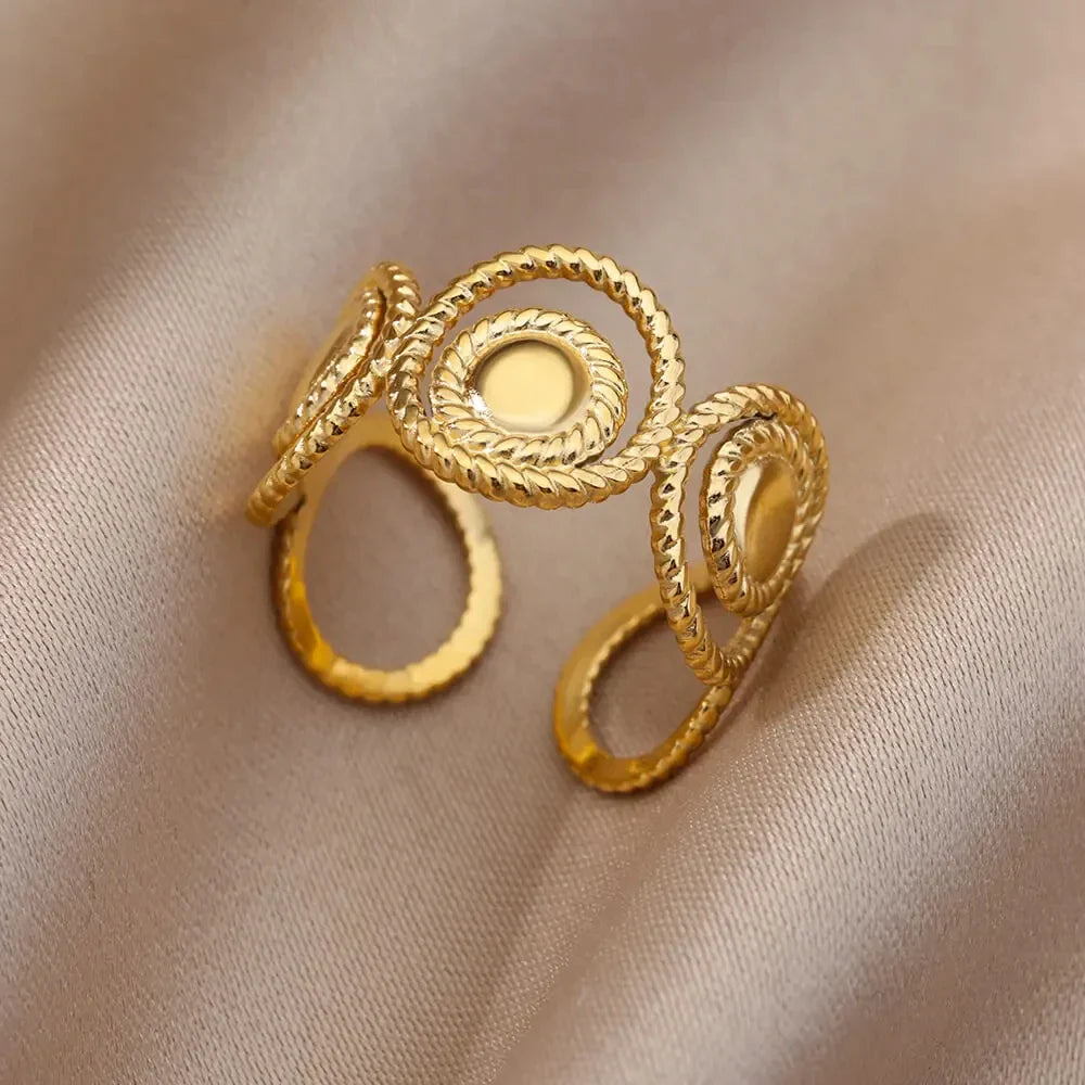 Stainless Steel Flower Rings for Women Gold Color Shell Starfish Multi Layer Hollow Out Ring Fashion Charm Jewelry Wedding Gifts