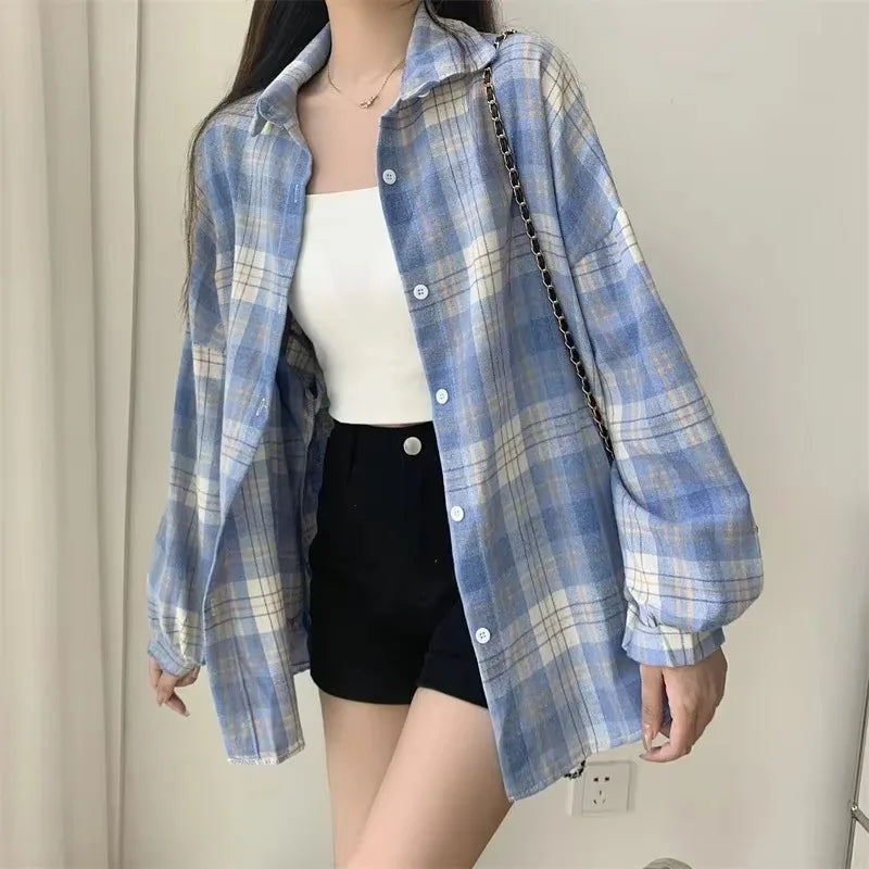 Plaid Shirt Women Fashion Autumn Long Sleeve Top Female Vintage Single Breasted Blouse Ladies Preppy Style Loose Check Shirts