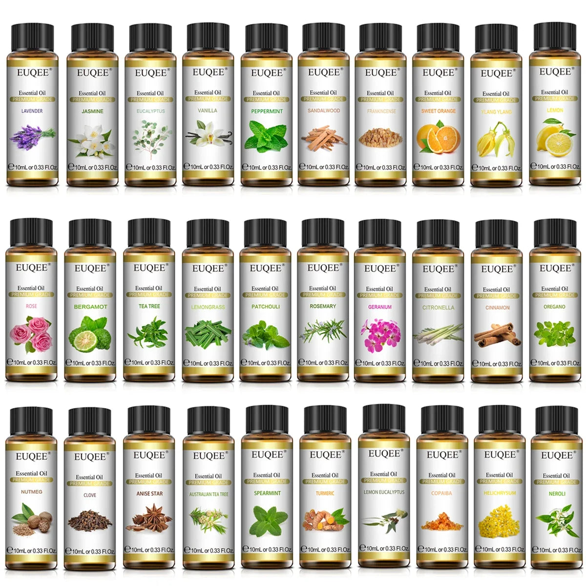 EUQEE 10ml Pure Natural Essential Oil Lavender Jasmine Eucalyptus Vanilla Sandalwood Sweet Orange Lemon Oregano Neroli Fragrance