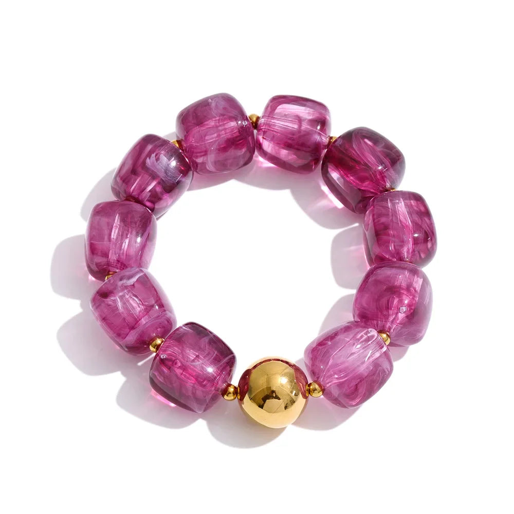 Yhpup Acrylic Square Beads Chain Necklace Bracelet Bangle Stainless Steel Handmade Jewelry Waterproof Green Khaki Pink Amber