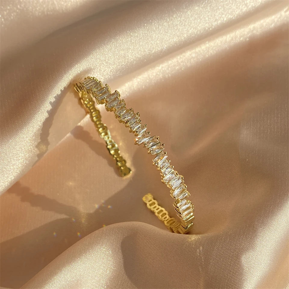 Yupsk Shiny Zircon Hollow Rectangle Link Cuff Bangle Bracelet for Women Luxury Wedding Party Jewelry Women's Gift