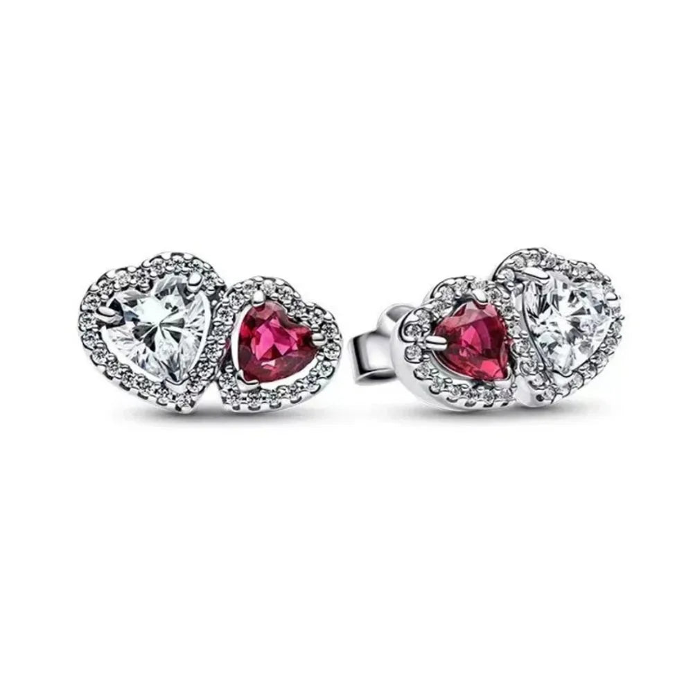 European New 925 Silver White Pink Stone Red Bow Stud Earrings, Fit Women's Festival Exquisite Charm Jewelry Gifts