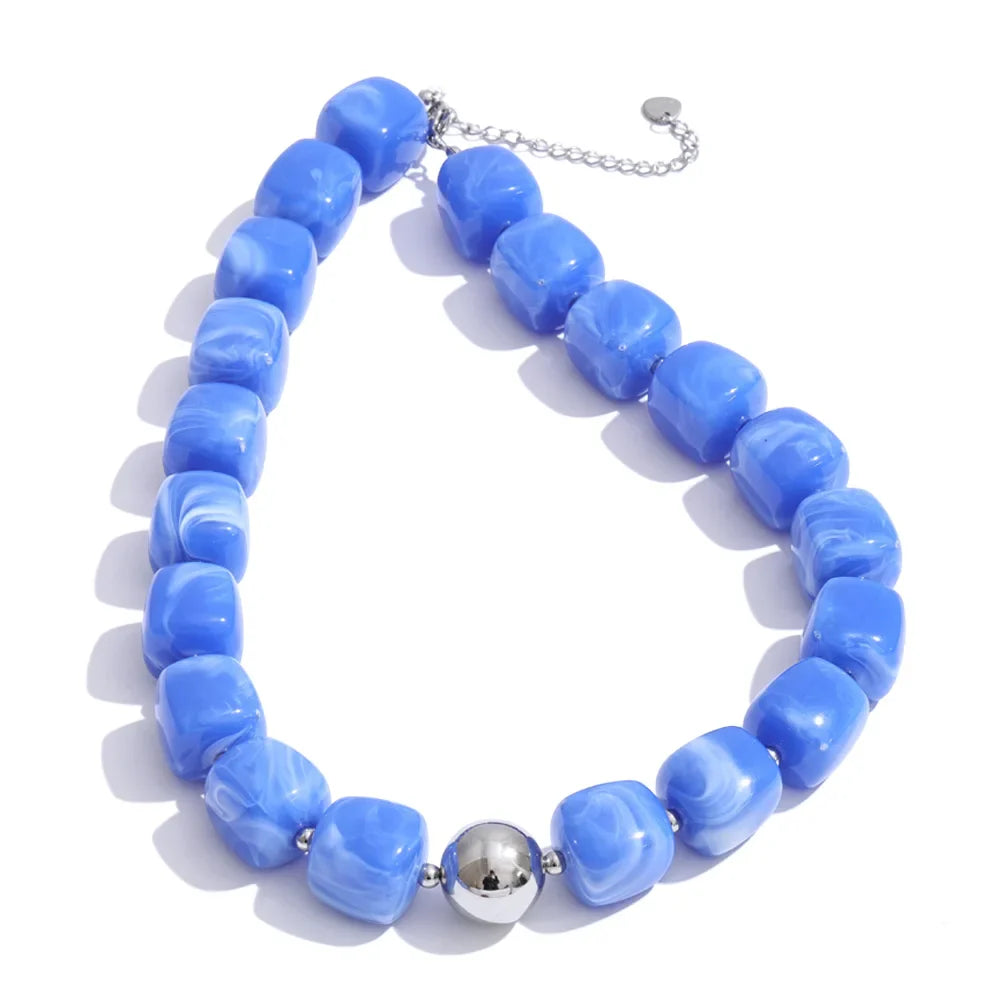 Yhpup Acrylic Square Beads Chain Necklace Bracelet Bangle Stainless Steel Handmade Jewelry Waterproof Green Khaki Pink Amber