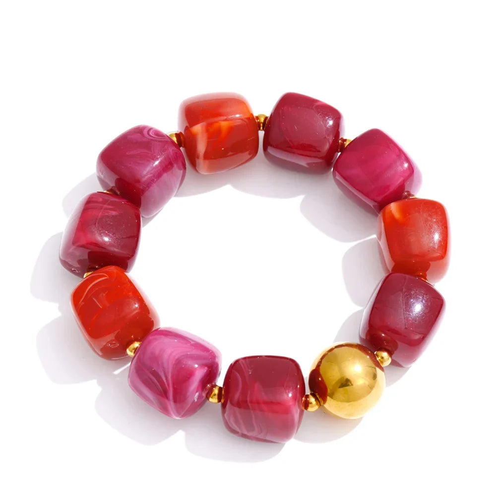 Yhpup Acrylic Square Beads Chain Necklace Bracelet Bangle Stainless Steel Handmade Jewelry Waterproof Green Khaki Pink Amber