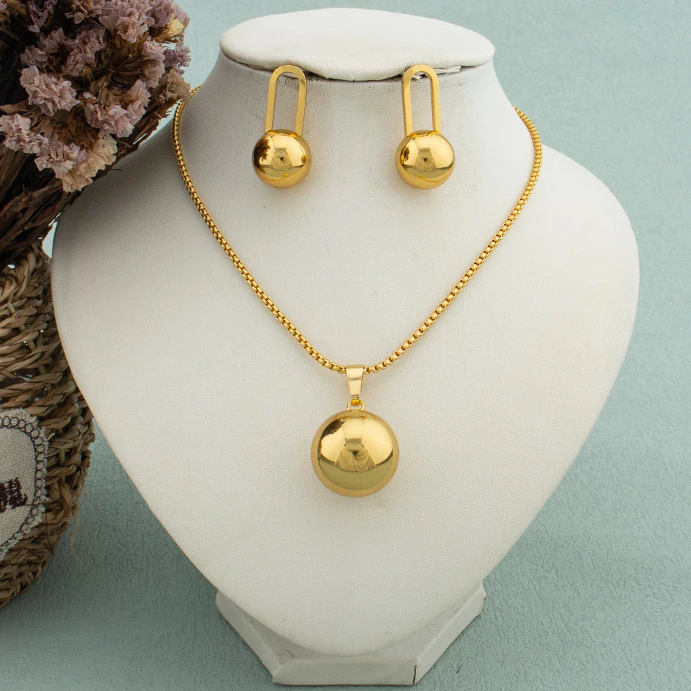 Simple Geometric Metal Necklace Earrings Set Globular Pendant for Women Stainless Steel Gold Plated Non-fade Trendy Jewelry