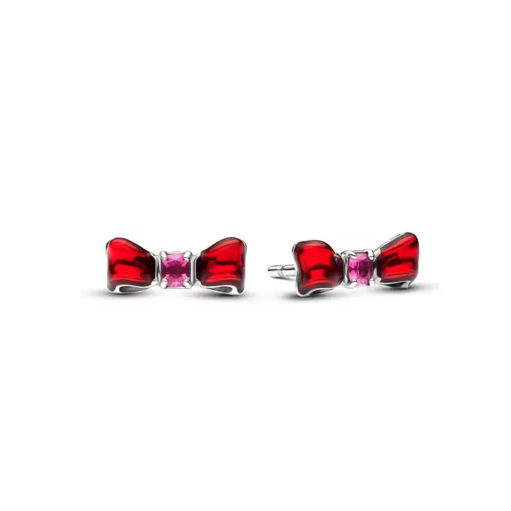 European New 925 Silver White Pink Stone Red Bow Stud Earrings, Fit Women's Festival Exquisite Charm Jewelry Gifts