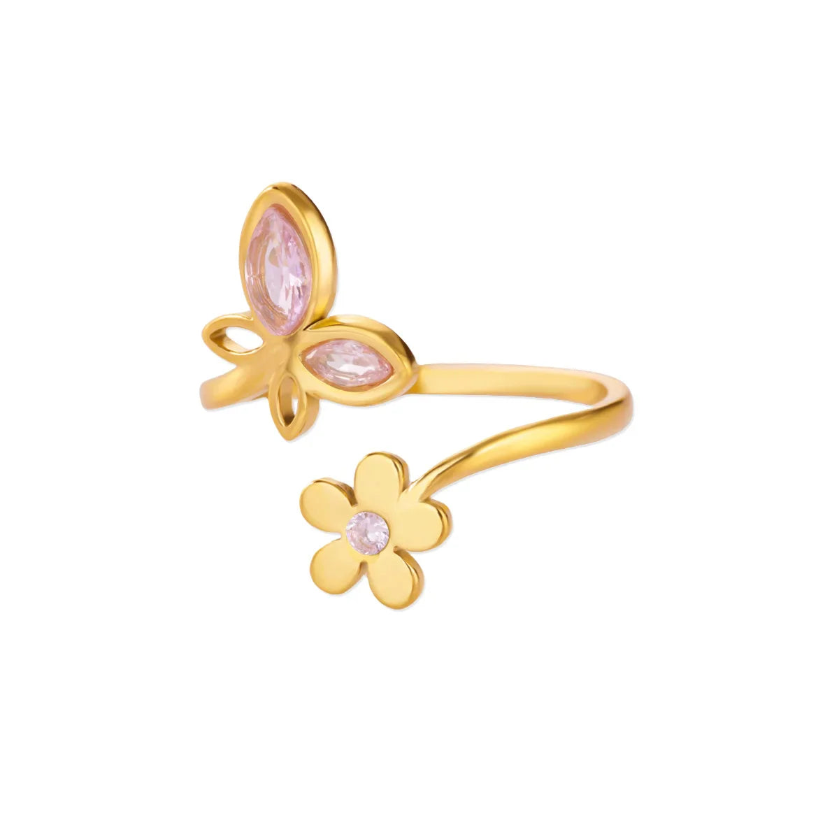 Elegant Zircon Flower Butterfly Rings For Women Gold Color Stainless Steel Flower Adjustable Ring Wedding Christmas Jewelry Gift