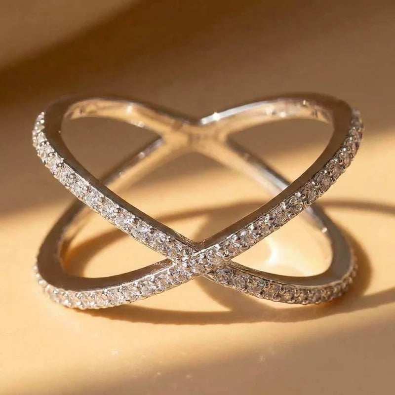 925 Sterling Silver Luxury Cross X Shape Women Engagement Ring Full Paved CZ Stone Elegant Simple Female Jewelry Ring Hot Sale