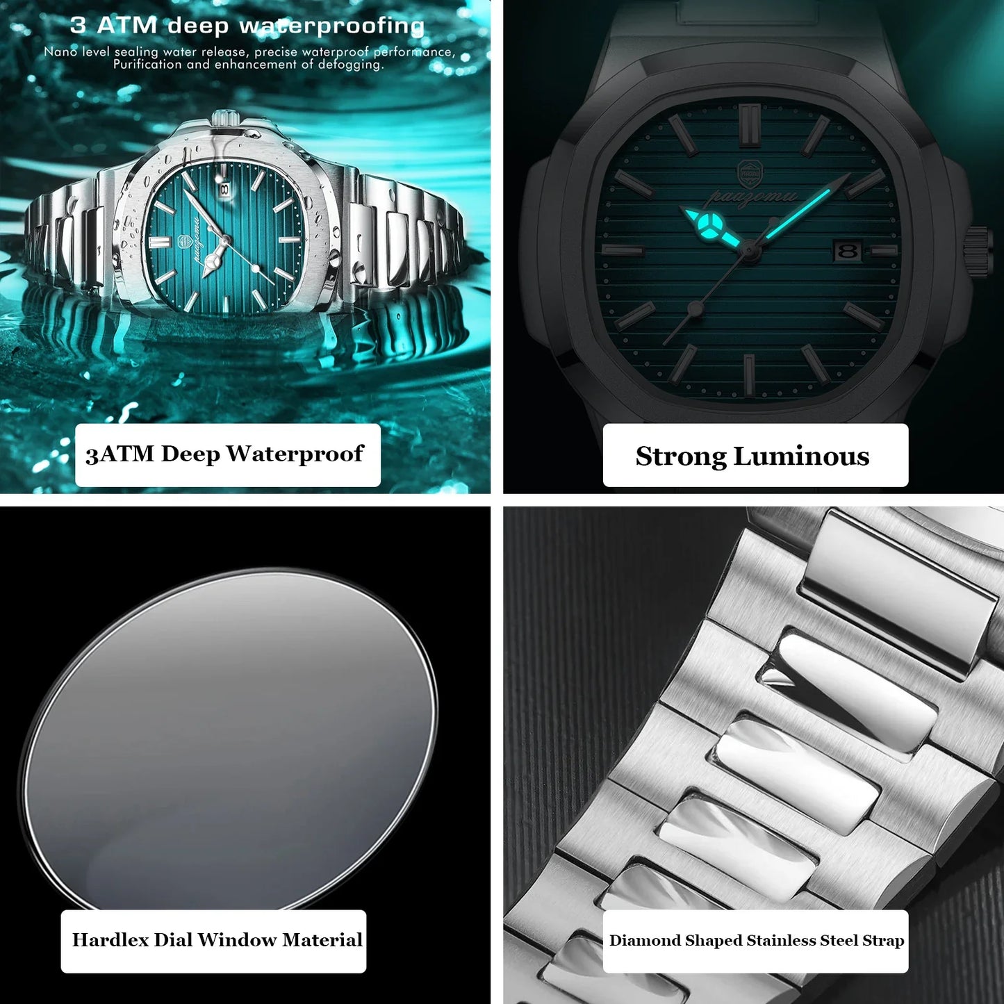 PAAZOMU Top Luxury Brand Man Watch Sports Waterproof Luminous Date Men Wristwatch Square Dial Quartz Men's Watches High Quality