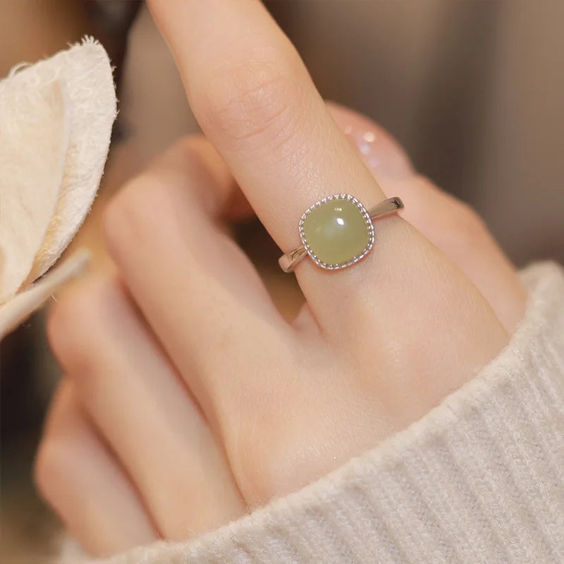 925 Sterling Silver plated Liquid Lava Hetian Jade Bamboo Ring for Women Girl Gift Irregular Vintage Jewelry Dropshipping