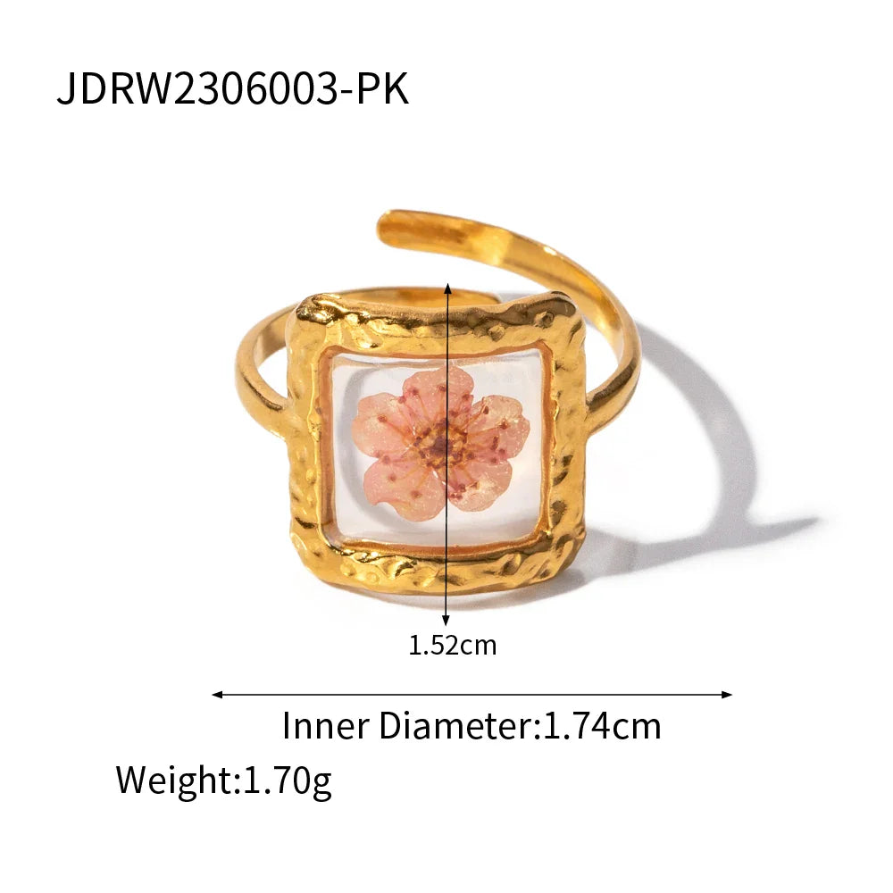 Light Cozy 18k Gold Plated Minimalist Polygonal Dry Flower Opening Ring Women Personalized Stainless Steel Statement Jewelry