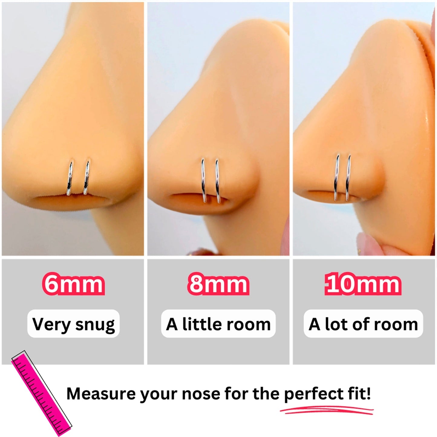 3Pack Double Hoop Nose 14k Gold Filled and 925 Silver Spiral Nose Rings 20G 8mm Left
