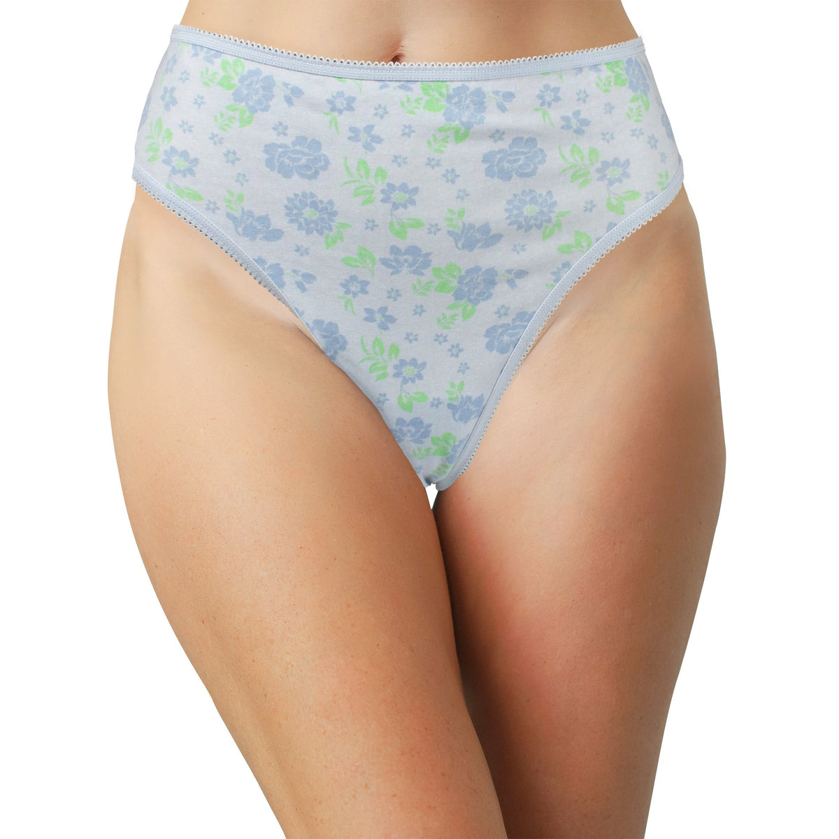 Printed Cotton High Waist Thong with Picot Trim