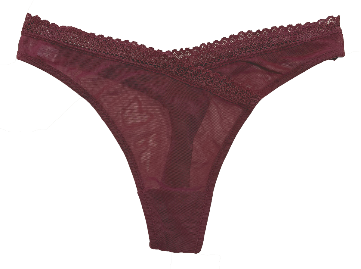 V-Front Mesh Thong with Lace, XS-2X