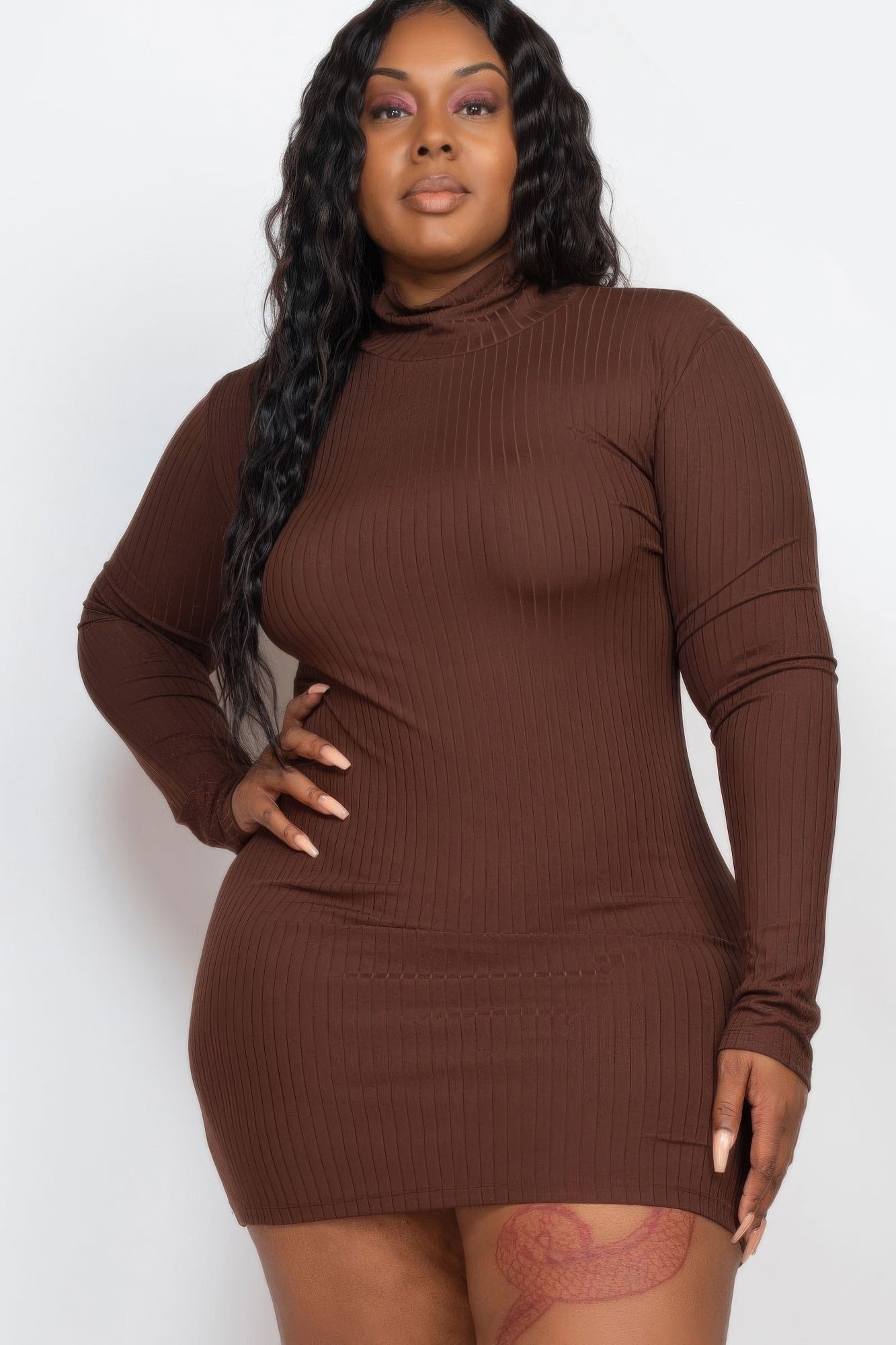 Ribbed Long Sleeve Mock Neck Mini Bodycon Dress