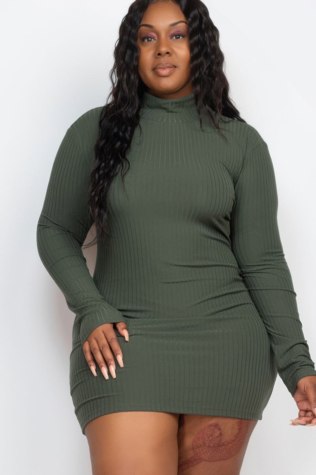 Ribbed Long Sleeve Mock Neck Mini Bodycon Dress