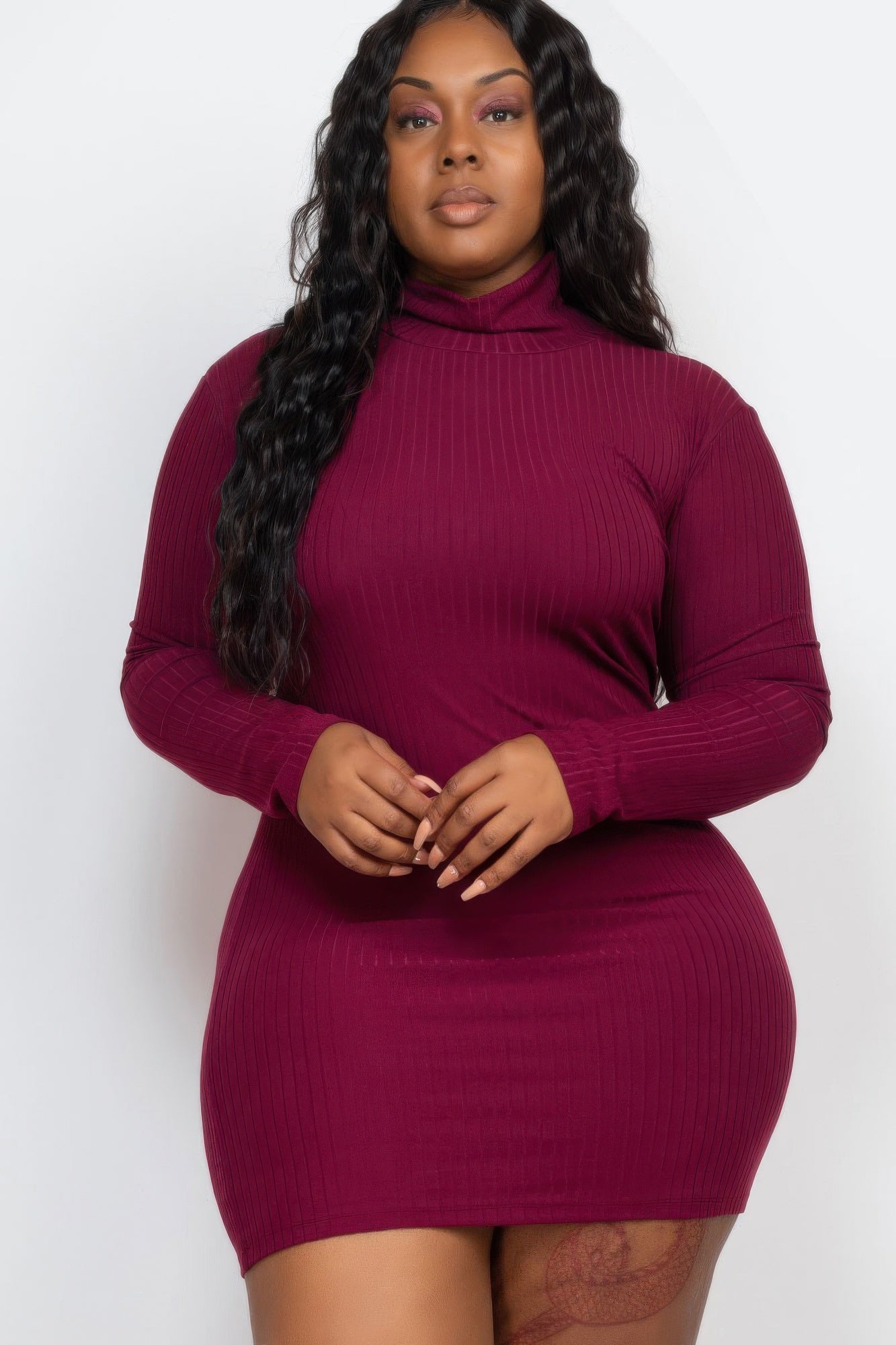 Ribbed Long Sleeve Mock Neck Mini Bodycon Dress