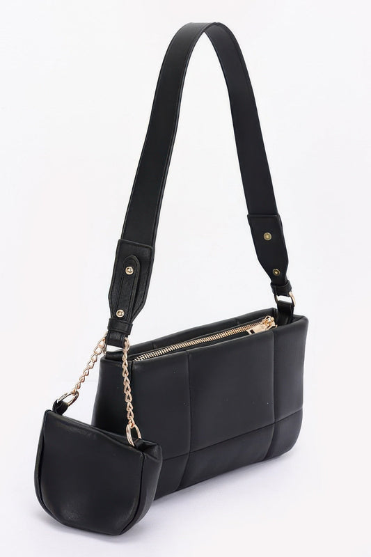 Quilted Faux Leather Shoulder Bag W/ Airpod Bag