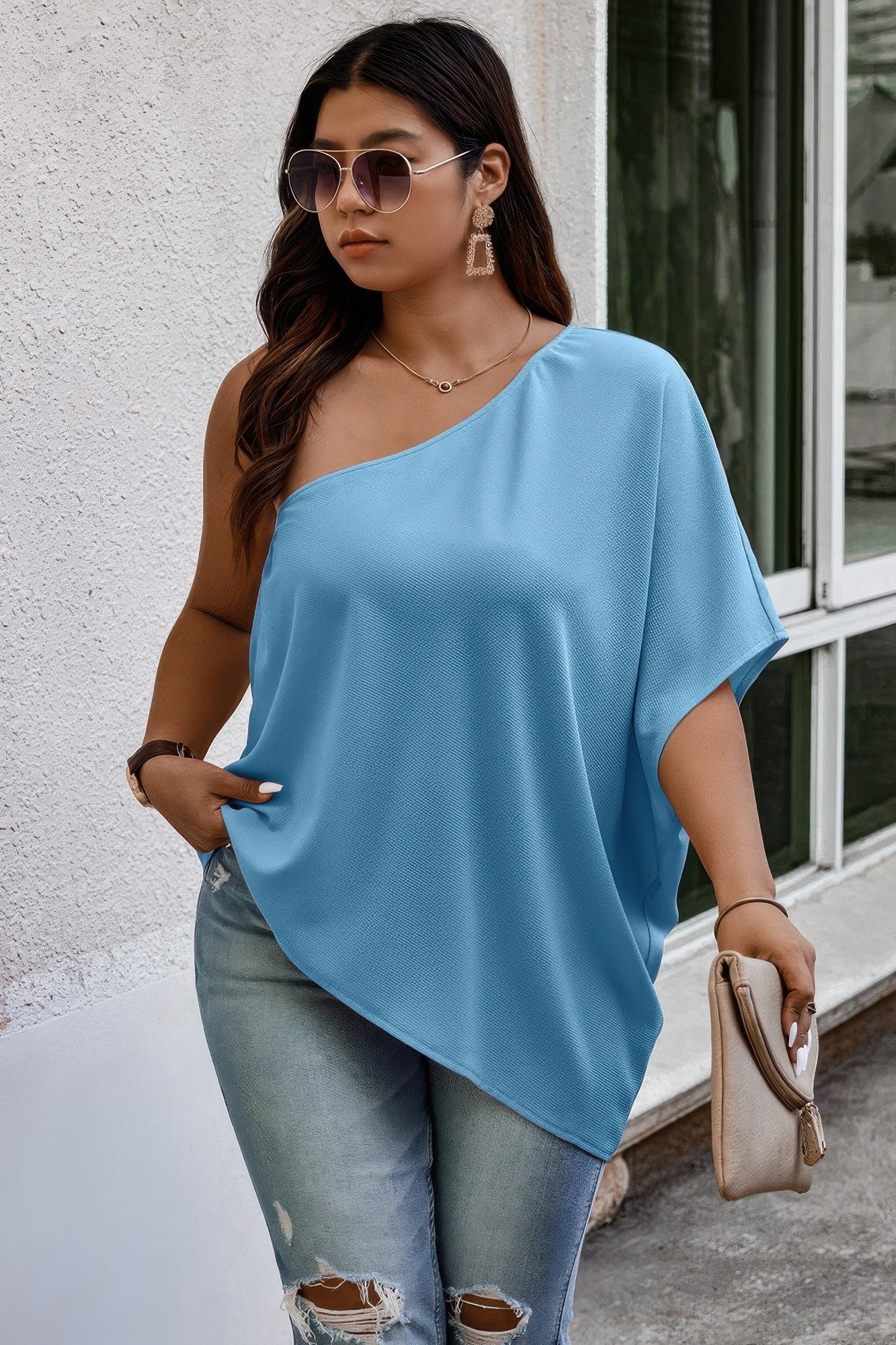 One Shoulder Solid Casual Loose Fit Shirt