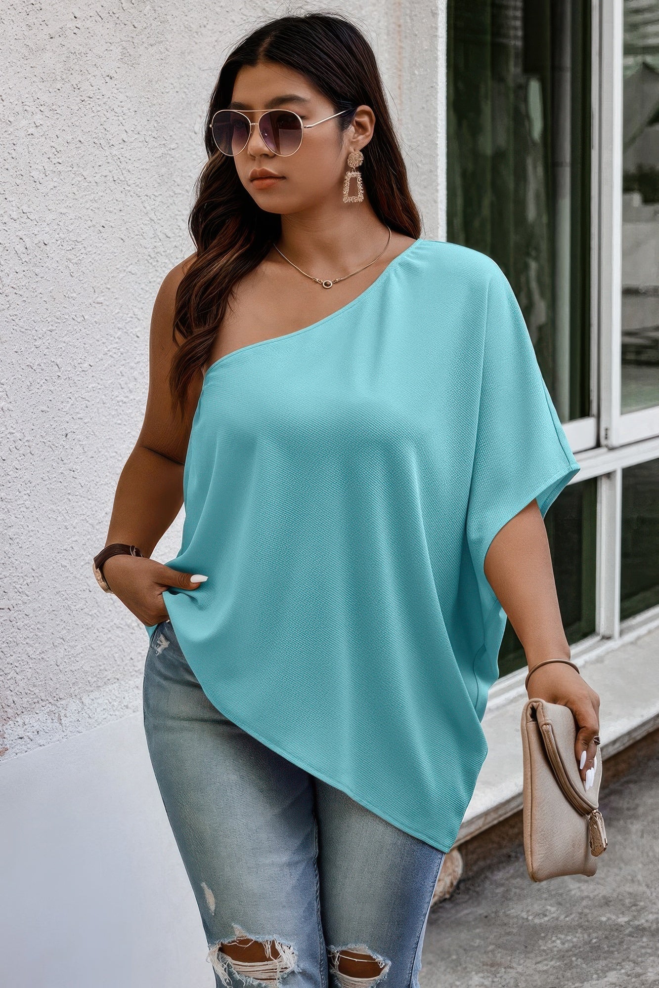 One Shoulder Solid Casual Loose Fit Shirt
