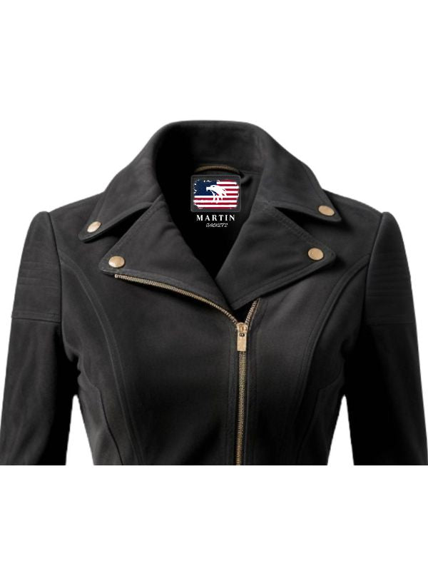 Women Black Suede Leather Jacket with Golden Zipper