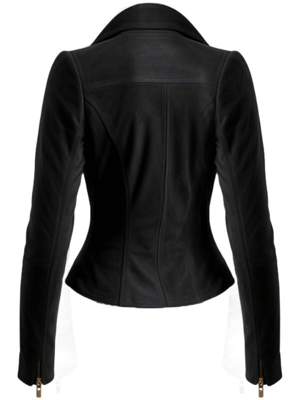 Women Black Suede Leather Jacket with Golden Zipper