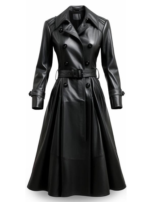 Women’s Designer Black Long Leather Coat