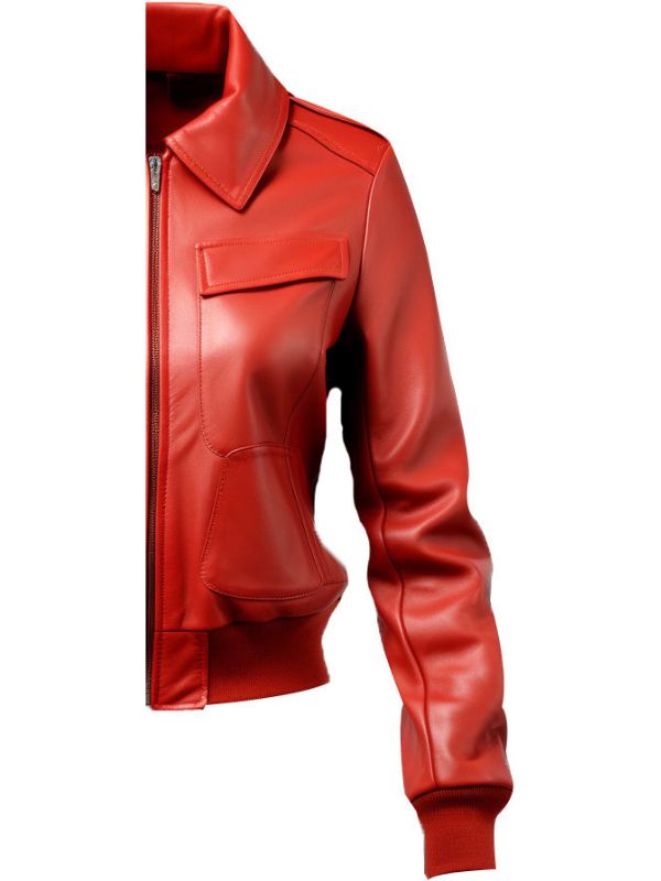 Women Red Leather Jacket Bomber Style