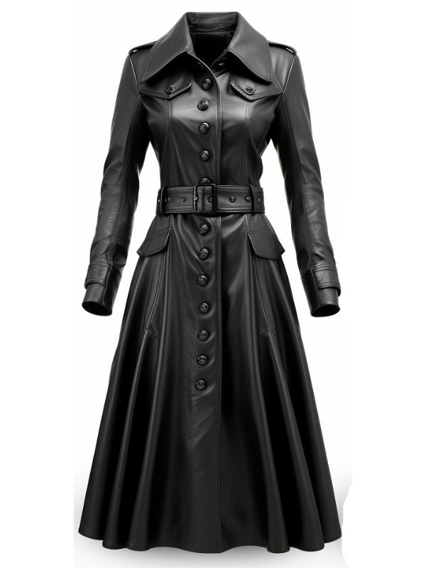 Women’s Rock Black Long Leather Designer Coat