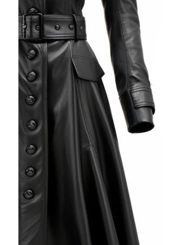 Women’s Rock Black Long Leather Designer Coat