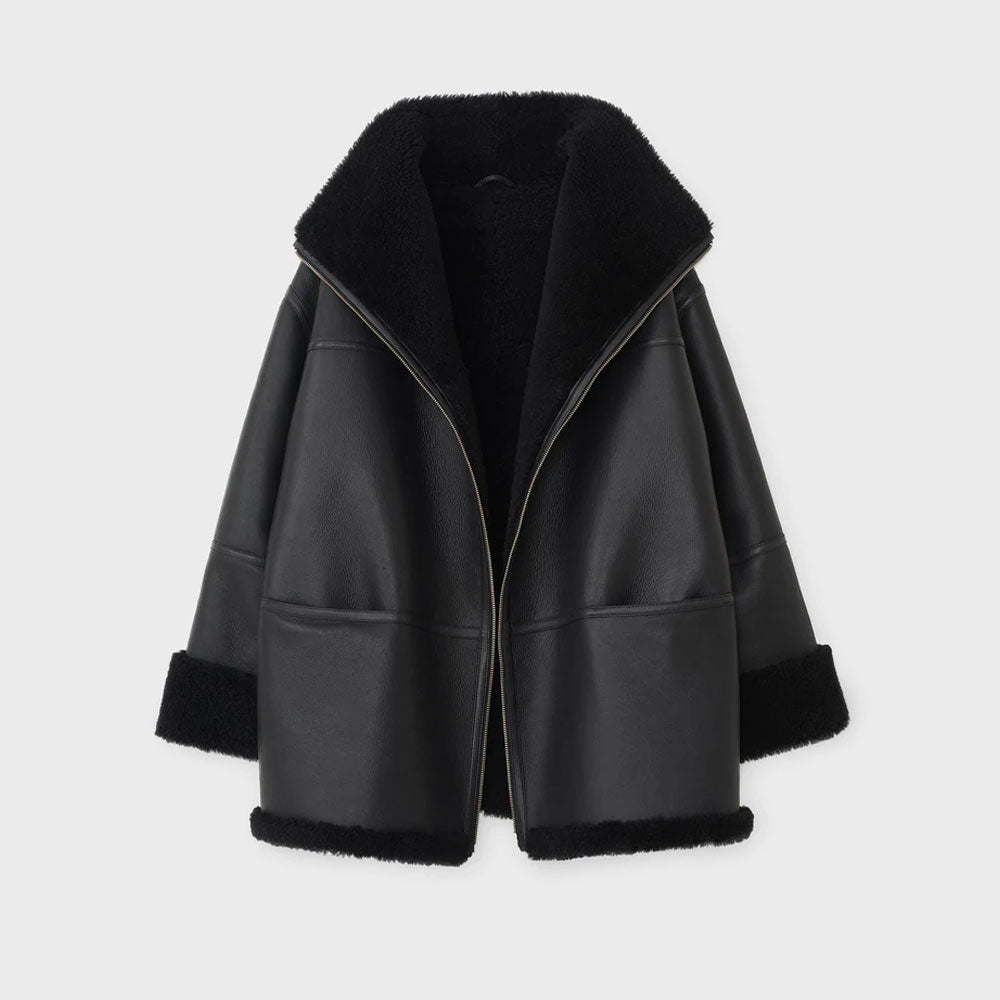 Women’s B3 RAF Aviator Black Sheepskin Shearling Leather Jacket