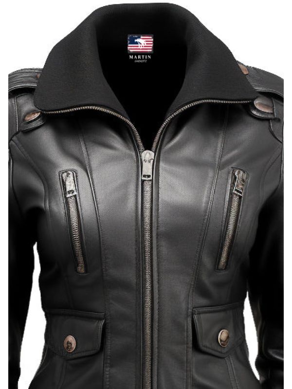 Womens Black Leather Bomber Jacket