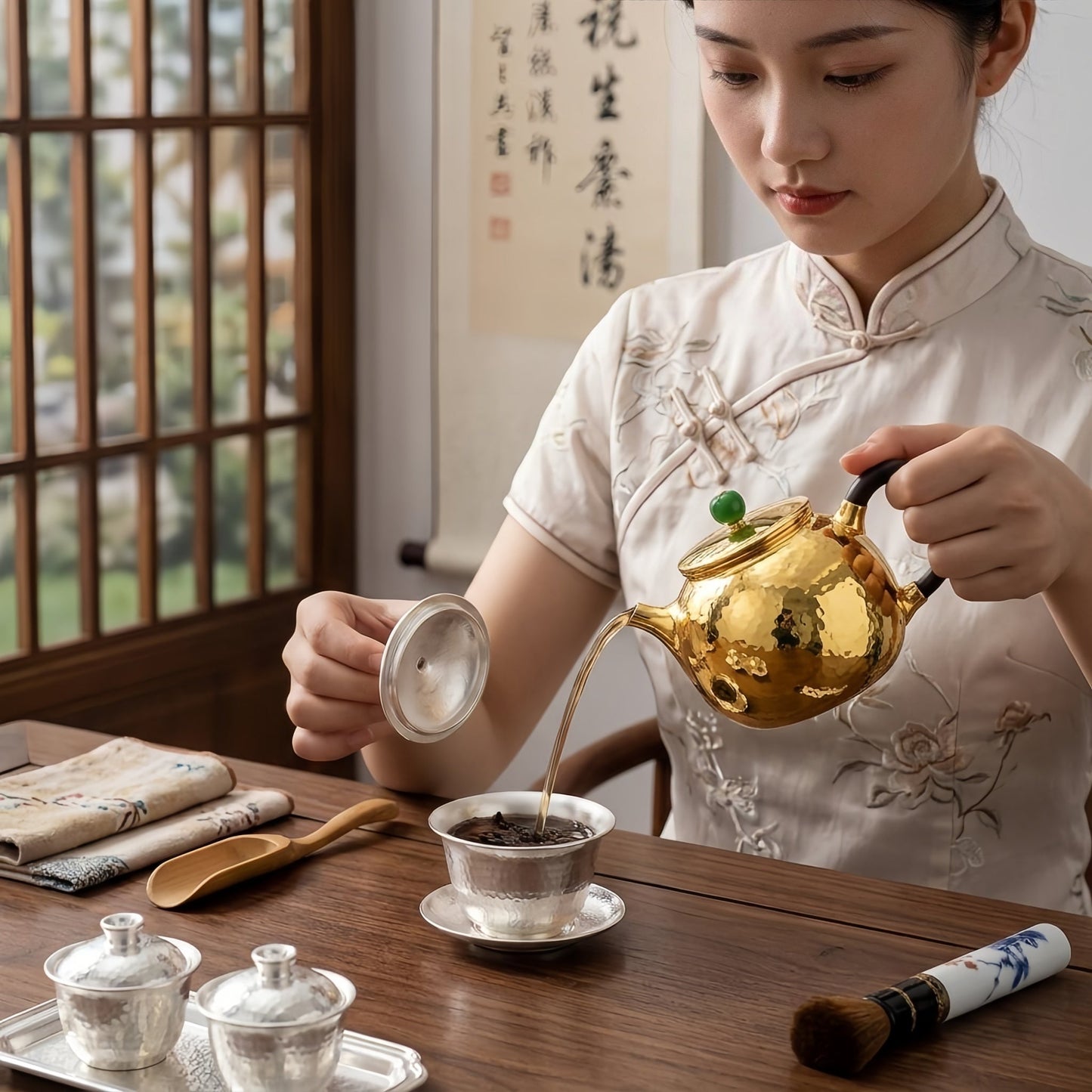 Pure 999 Fine Silver Hammered Metallic Teapot Featuring Green Jade Finial and Elegant Dark Wood Handle - Handicraft