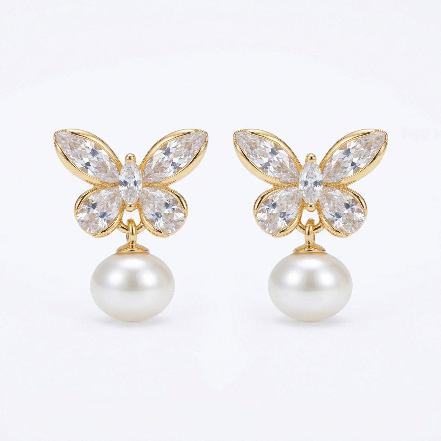 925 Sterling Silver Elegant Crystal Butterfly and Lustrous Pearl Drop Earrings