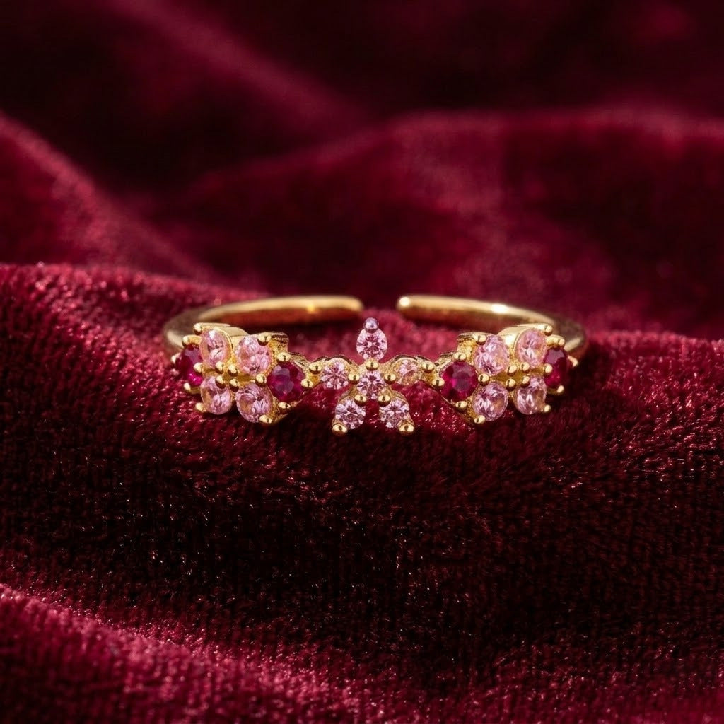 Pink Zircon Flower Open-ring For Women, Gentle And Elegant