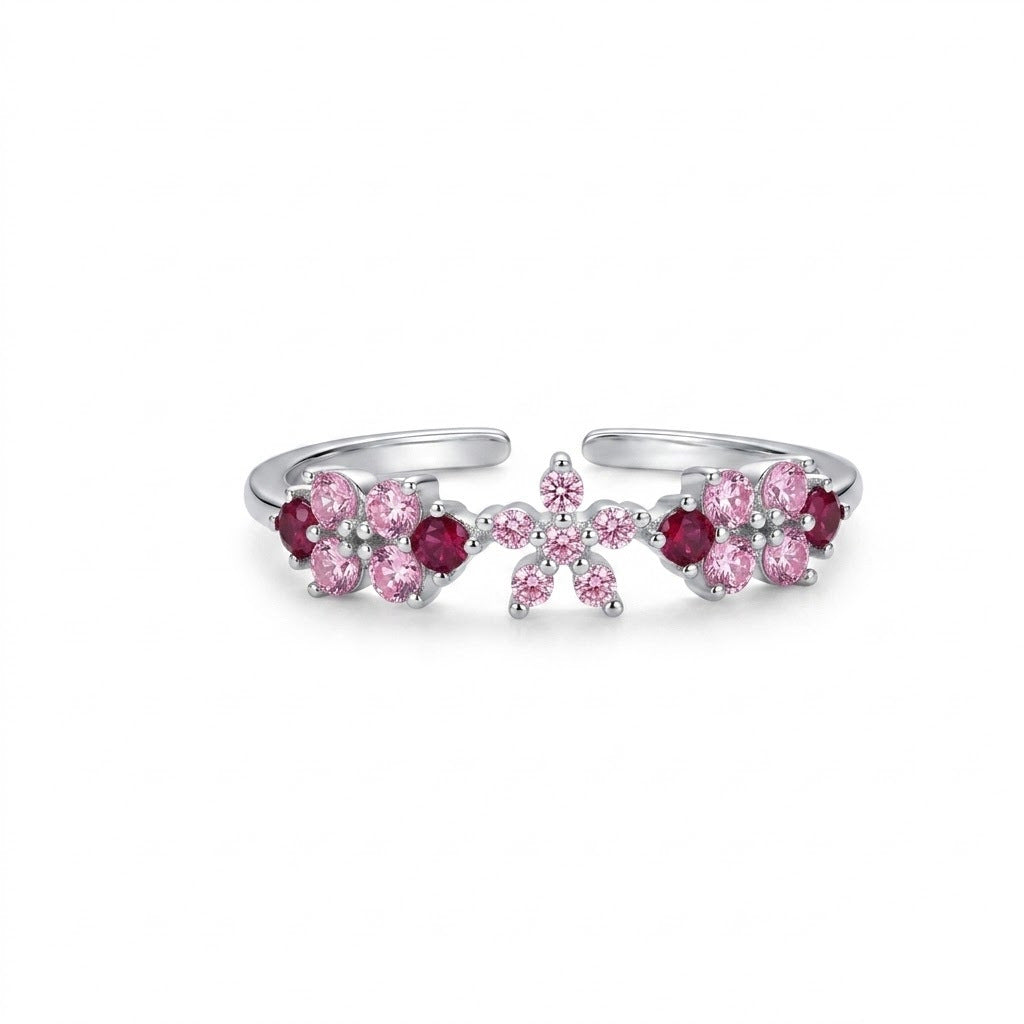 Pink Zircon Flower Open-ring For Women, Gentle And Elegant
