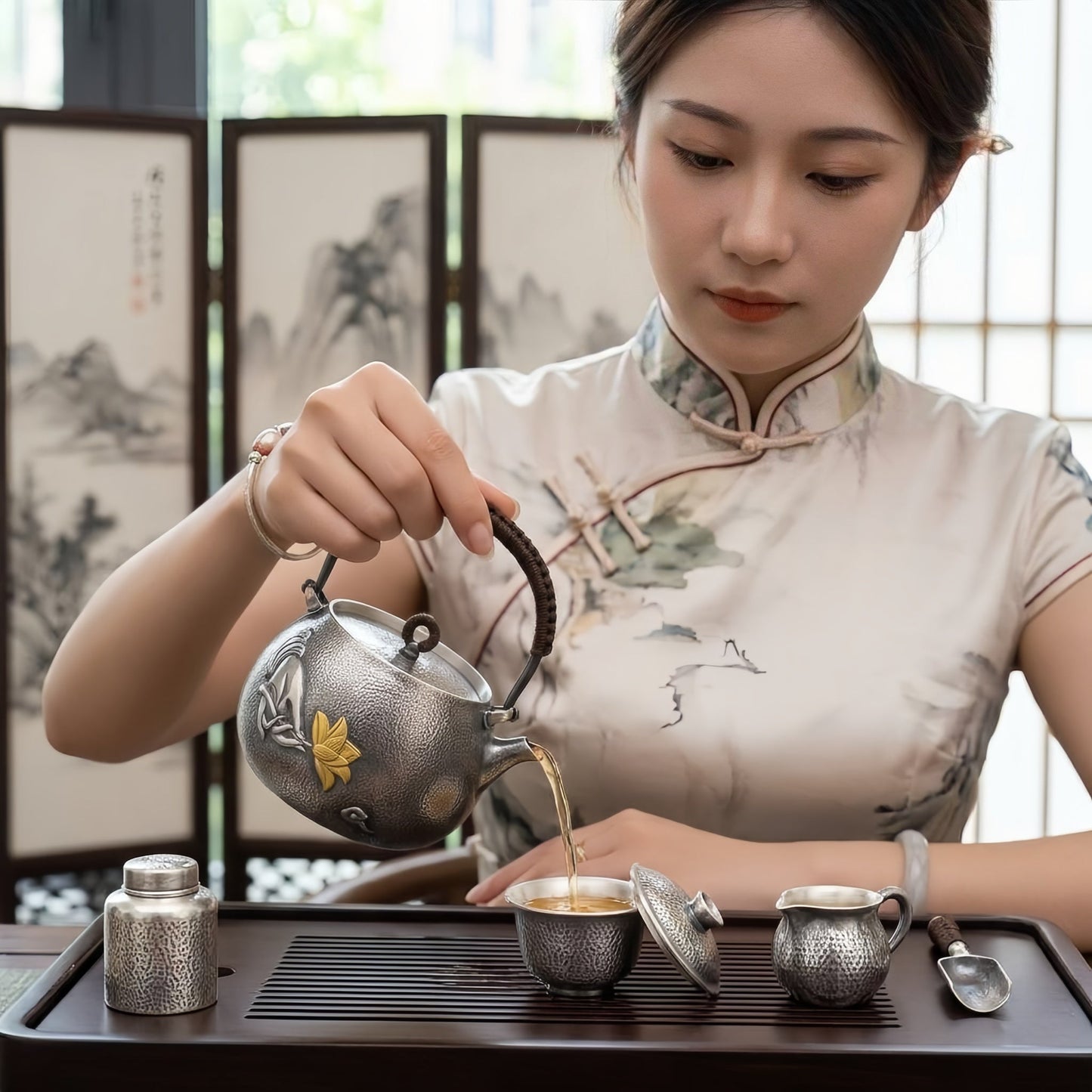 Pure 999 Fine Silver Artisanal Hammered Silver-Finish Teapot with Hand-Carved Gilded Lotus and Woven Rattan Handle - Handicraft