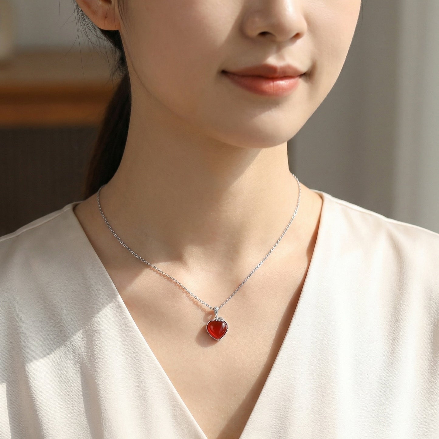925 Sterling Silver Elegant Sterling Silver Heart Necklace with Vibrant Red Gemstone Pendant