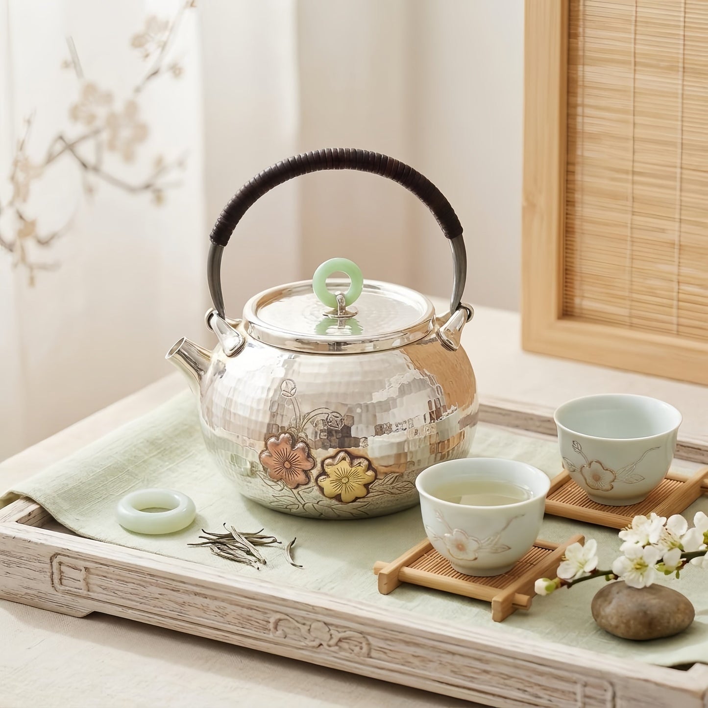 Pure 999 Fine Silver Elegant Hand-Hammered Silver Teapot with Floral Relief and Green Jade Finial - Handicraft