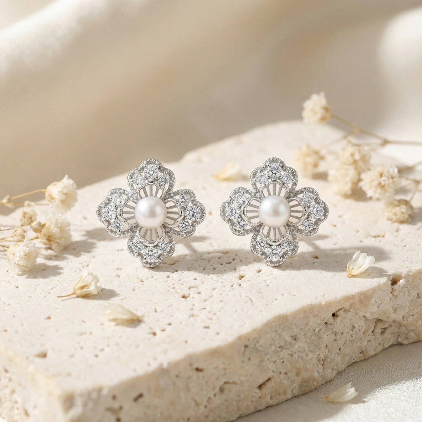 925 Sterling Silver Elegant Floral Pearl and Sparkling Accent Stud Earrings in White Metal