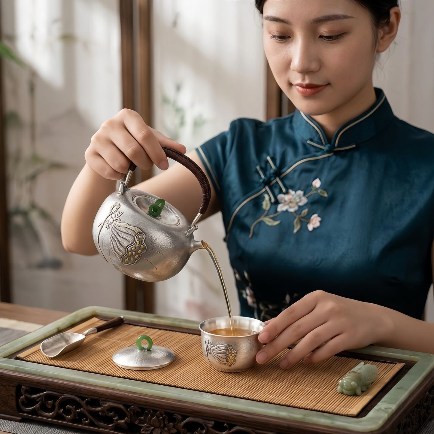 Pure 999 Fine Silver Handmade Silver Teapot with Lotus Seed Pod Motif and Woven Rattan Handle - Handicraft