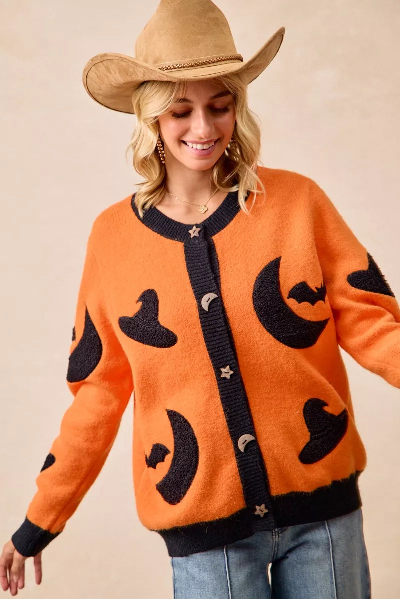 BiBi Halloween Witch Hat Moon Bat Artwork Cardigan