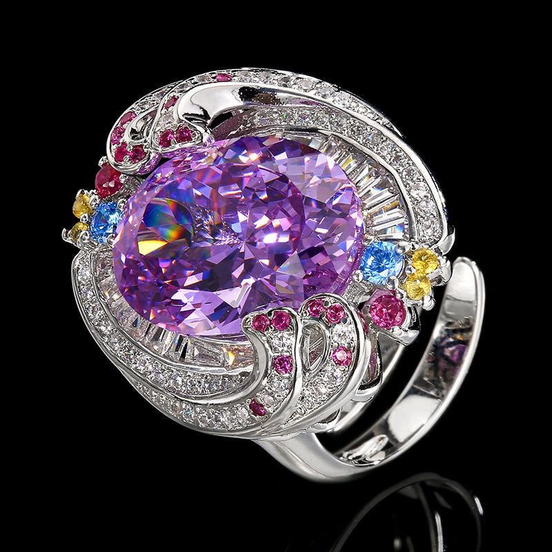 Exquisite Swirl Design Purple Amethyst Ring, Rainbow Gemstone Encrusted Cocktail Ring For Women