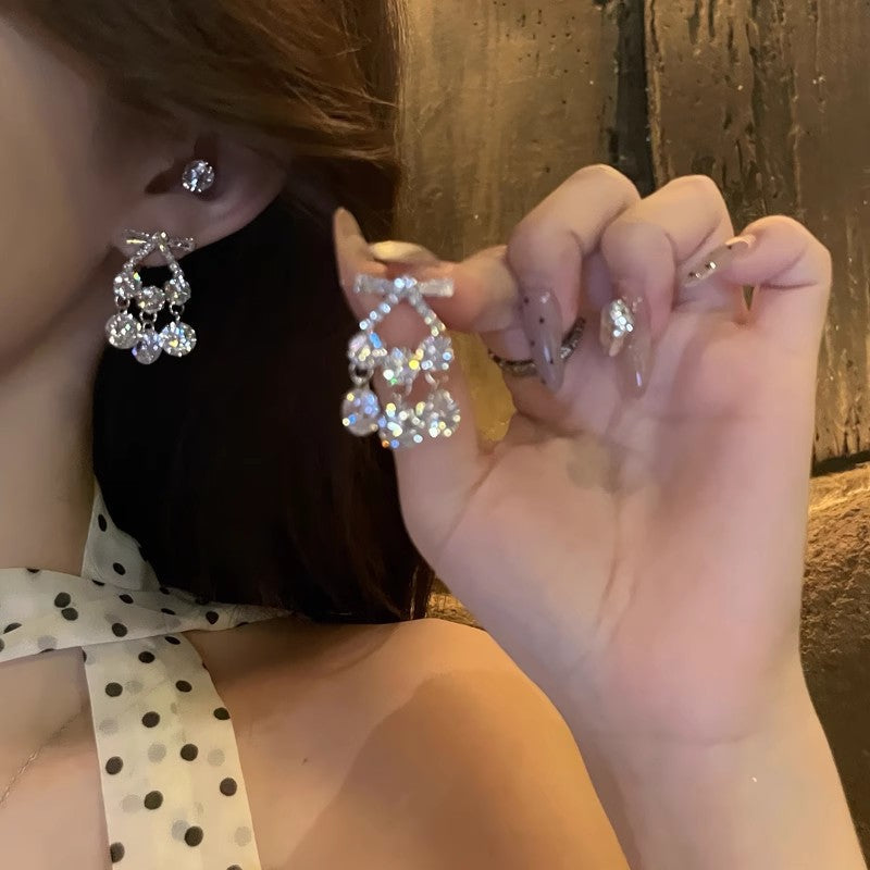 Sparkling Bow Cherry CZ Drop Earrings For Women, Bling Cubic Zirconia Bowknot Cherry Dangle Earrings, Y2K Sweet Cool Party Jewelry Gift