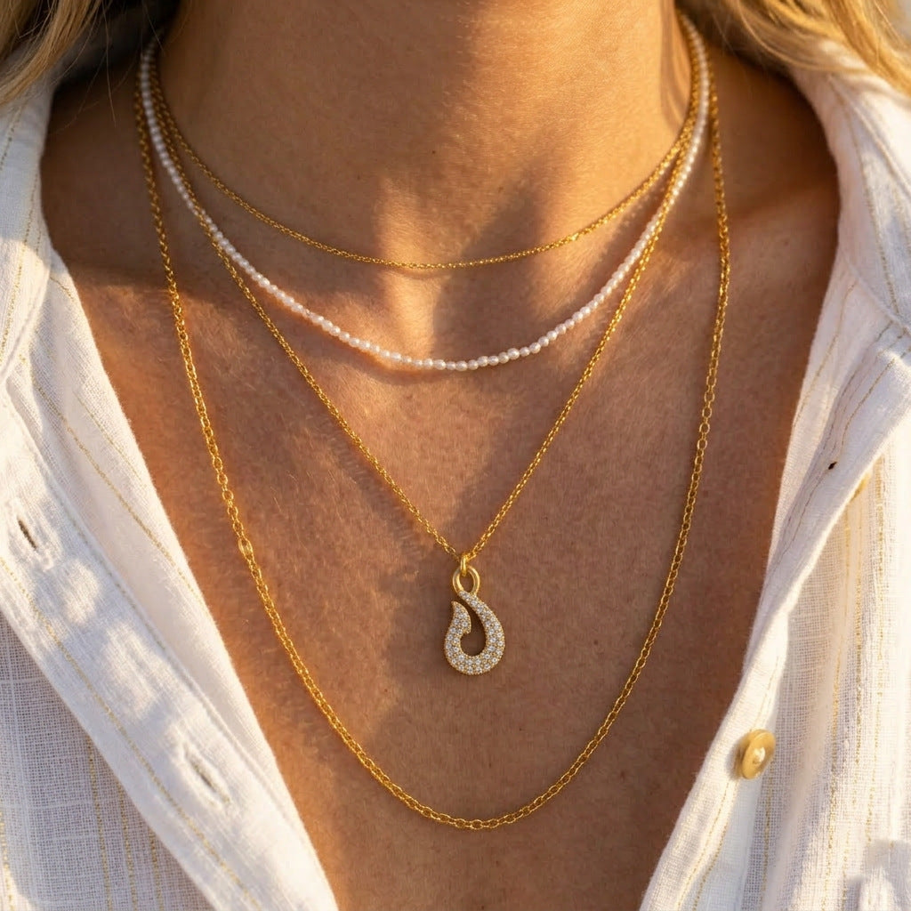 Zircon Fish Hook Necklace and Bracelet Set