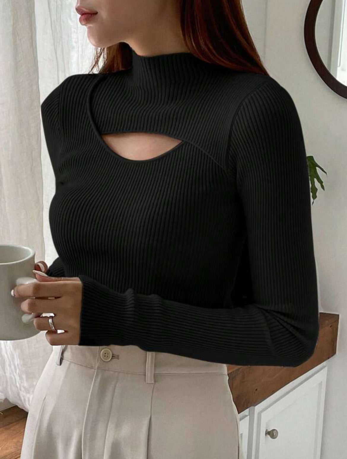 Women's Hollow-out Knit Sweater Mock Neck Sweater