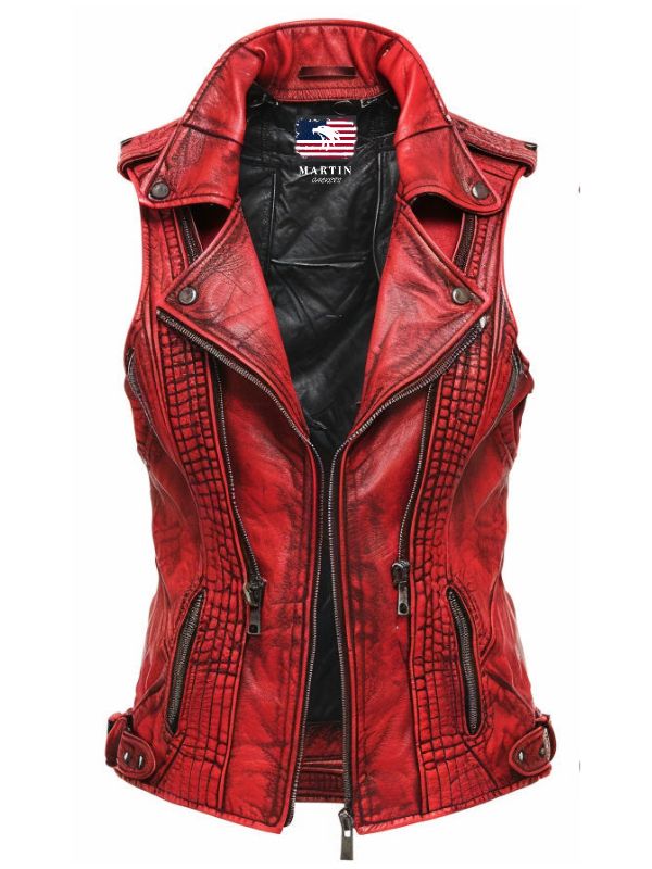 Aimee Red Leather Distressed Vest