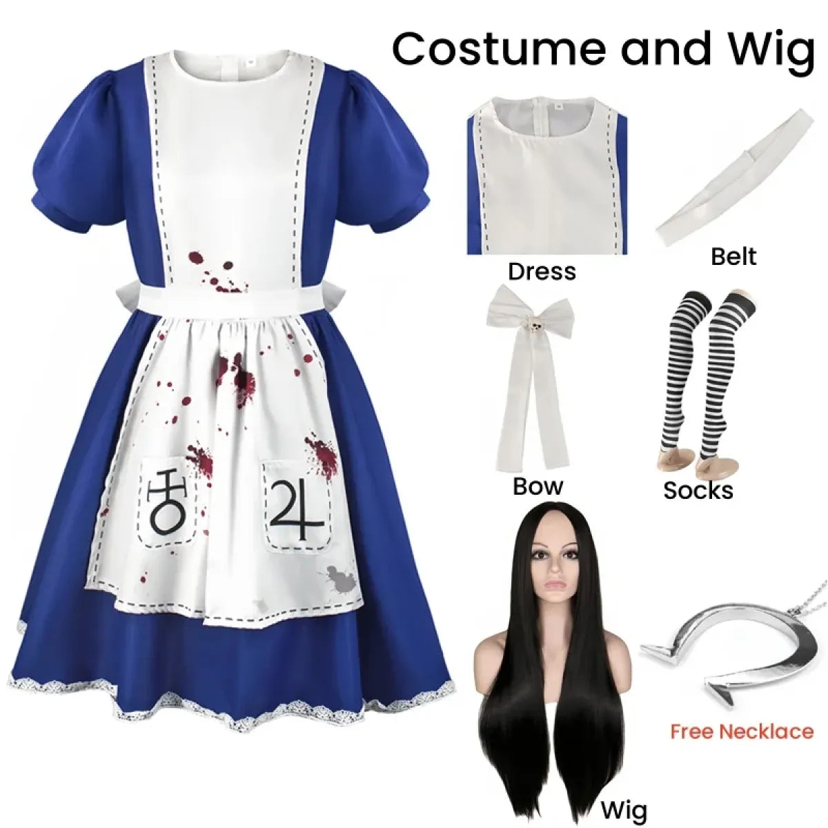Madness Returns Alice Cosplay Costume Dress with Apron and Wig for Women